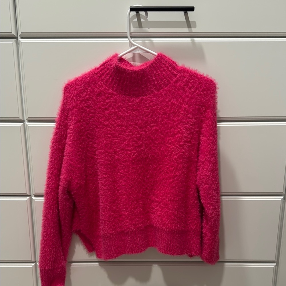 Vibrant Pink Cowl Neck Sweater with Fuzzy Texture